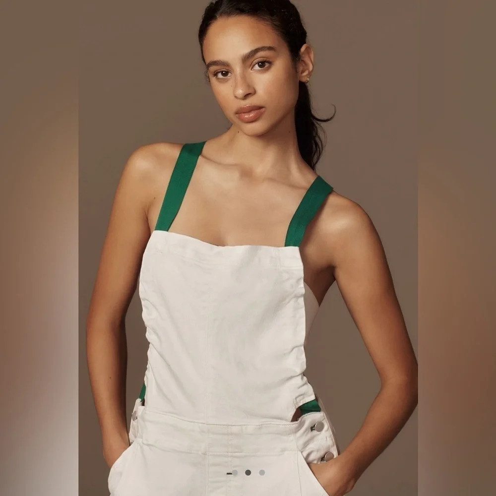 Anthropologie Pilcro Kenna Heritage White & Green Barrel Overalls • S • NWT - Picture 5 of 14